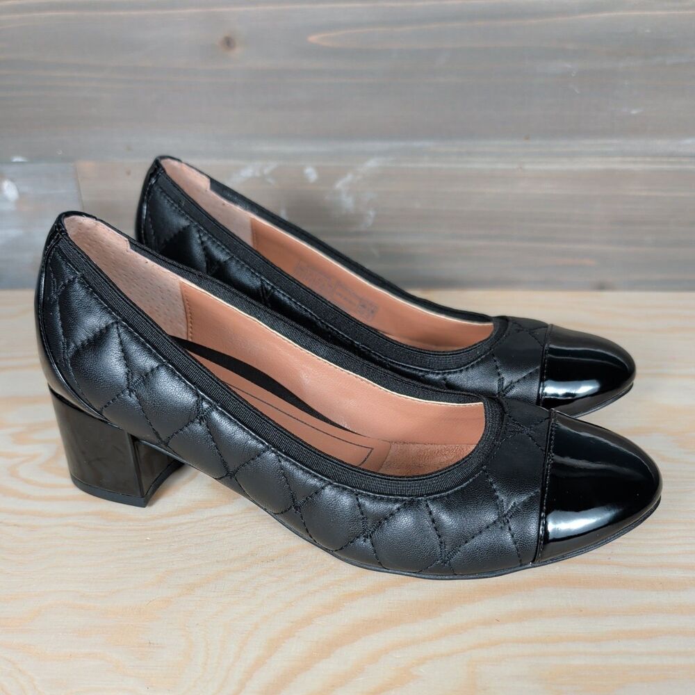 Vionic Women’s Black Ruby Leather Quilted Cap Toe Slip-On Block Heel Pumps 6.5